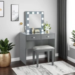 Hudi Makeup Vanity and Stool Set, 10 Lights, USB Power Outlet, Gray