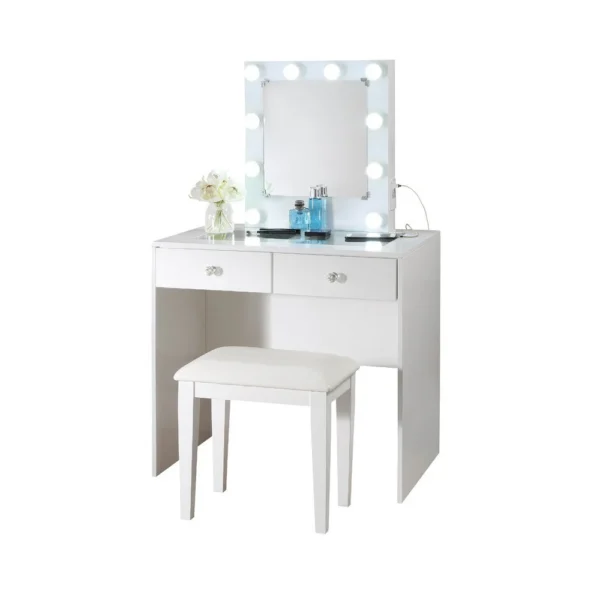 Hudi Makeup Vanity and Stool Set, 10 Lights, USB Power Outlet, White