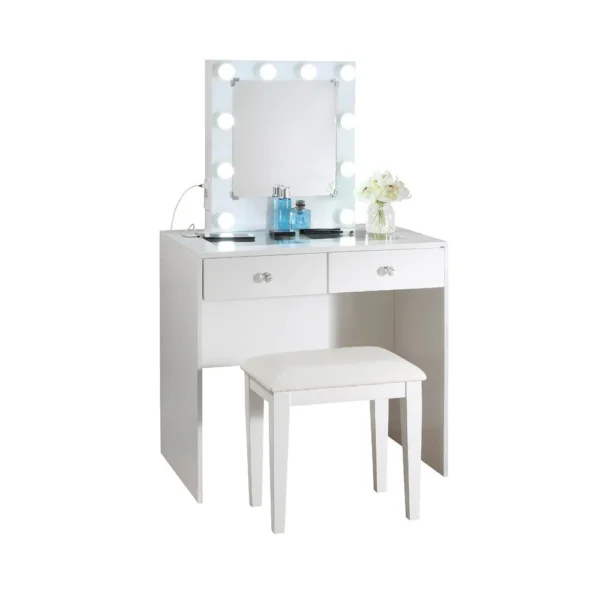 Hudi Makeup Vanity and Stool Set, 10 Lights, USB Power Outlet, White