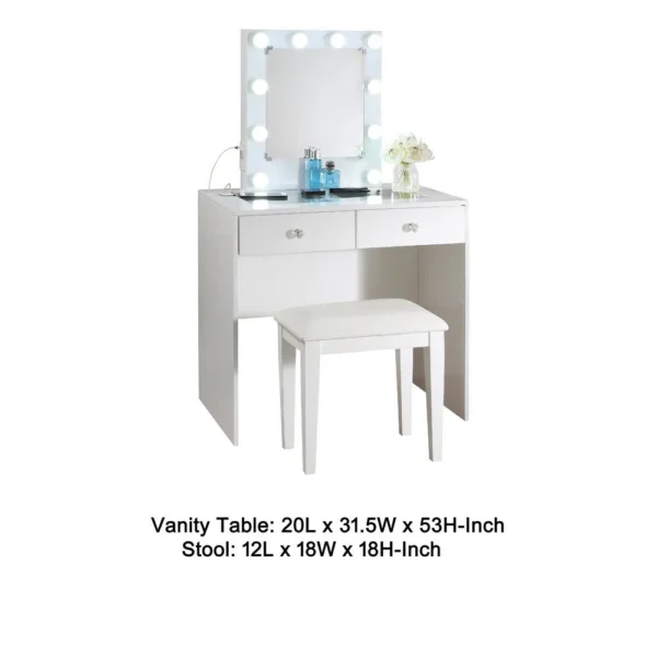 Hudi Makeup Vanity and Stool Set, 10 Lights, USB Power Outlet, White
