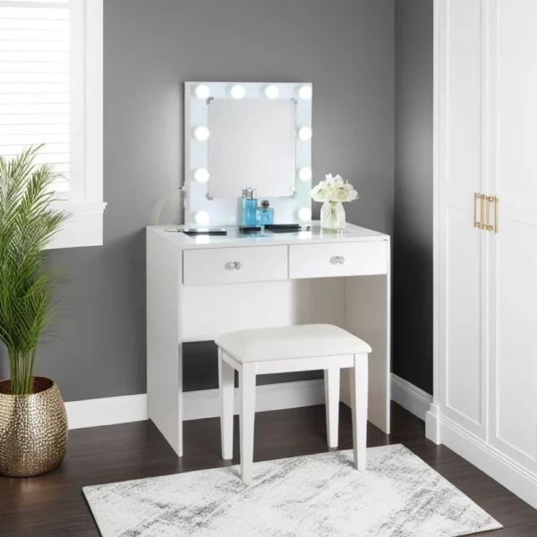 Hudi Makeup Vanity and Stool Set, 10 Lights, USB Power Outlet, White