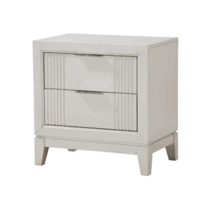 Flo Nightstand, 2 Drawers, Antique White Wood, Chrome Edge Handles