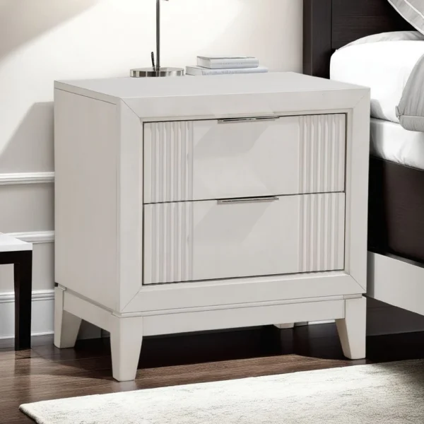 BM335904_5 Flo Nightstand, 2 Drawers, Antique White Wood, Chrome Edge Handles