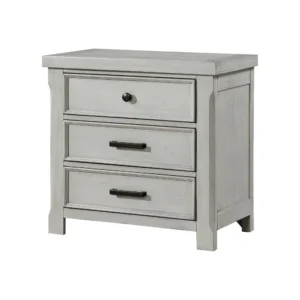 Brok Nightstand, 3 Drawers, Light Gray Acacia Wood, Black Bar Handles