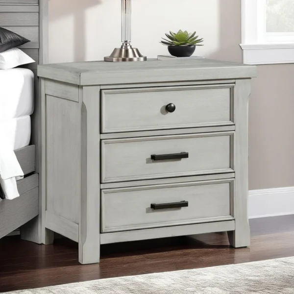 BM335907_5 Brok Nightstand, 3 Drawers, Light Gray Acacia Wood, Black Bar Handles