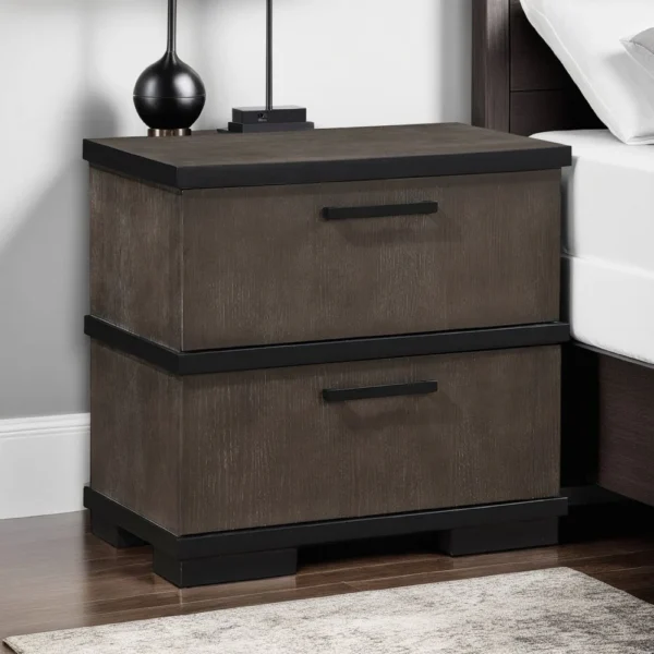 BM335913_5 Acy Nightstand, 2 Drawers, Brownish Gray and Black Wood, Bar Handles
