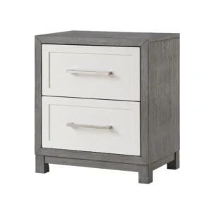 Rowy Nightstand, 2 Drawer Polished Bar Handles, Ivory and Gray Veneer