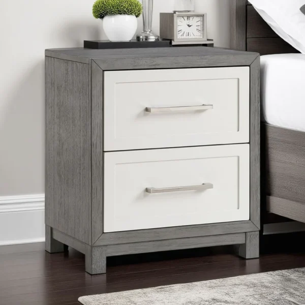 BM335922_5 Rowy Nightstand, 2 Drawer Polished Bar Handles, Ivory and Gray Veneer