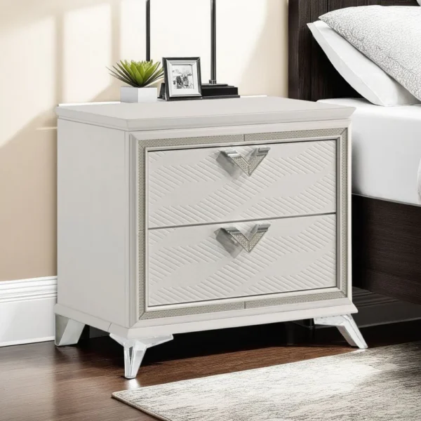 BM335928_5 Dery Nightstand, 2 Drawers Chrome Triangle Handles, Gold White Wood