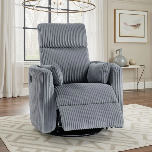 BM335947_5 Rix Manual Swivel Glider Recliner Chair, 2 Pillows, Gray Corduroy