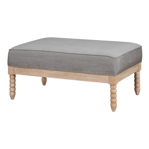 Tory Ottoman, Natural Brown Turned Wood Legs, 42 Inch Gray Polyester