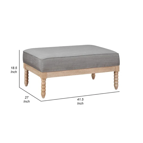 Tory Ottoman, Natural Brown Turned Wood Legs, 42 Inch Gray Polyester