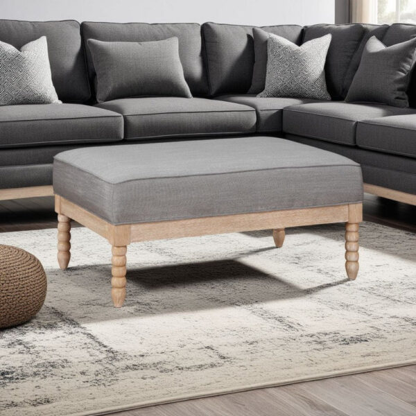 Tory Ottoman, Natural Brown Turned Wood Legs, 42 Inch Gray Polyester