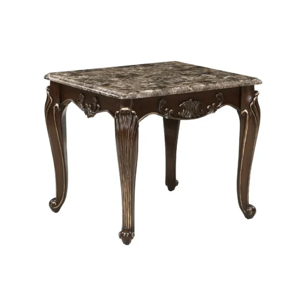 Hesar Side End Table, 28 Inch Marble, Cherry Brown Wood Cabriole Legs