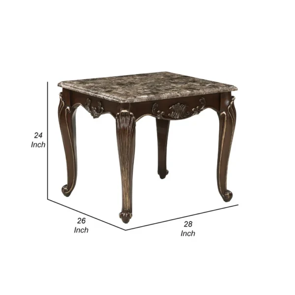 Hesar Side End Table, 28 Inch Marble, Cherry Brown Wood Cabriole Legs