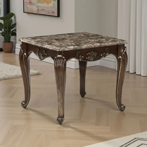 Hesar Side End Table, 28 Inch Marble, Cherry Brown Wood Cabriole Legs