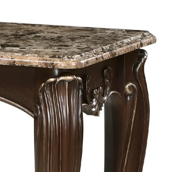 Hesar Sofa Console Table, 53 Inch Marble, Cherry Brown Wood, Cabriole