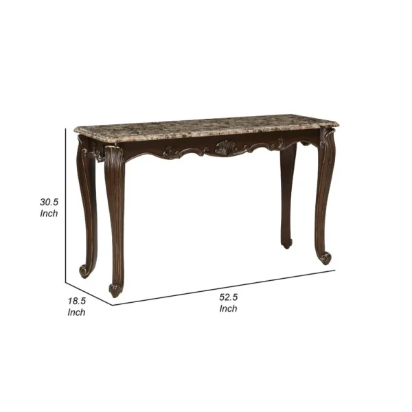 Hesar Sofa Console Table, 53 Inch Marble, Cherry Brown Wood, Cabriole
