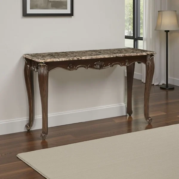 Hesar Sofa Console Table, 53 Inch Marble, Cherry Brown Wood, Cabriole