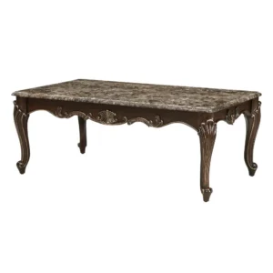 Hesar Coffee Table, 51 Inch Marble Top, Cherry Brown, Cabriole Legs