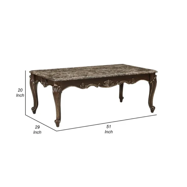 Hesar Coffee Table, 51 Inch Marble Top, Cherry Brown, Cabriole Legs