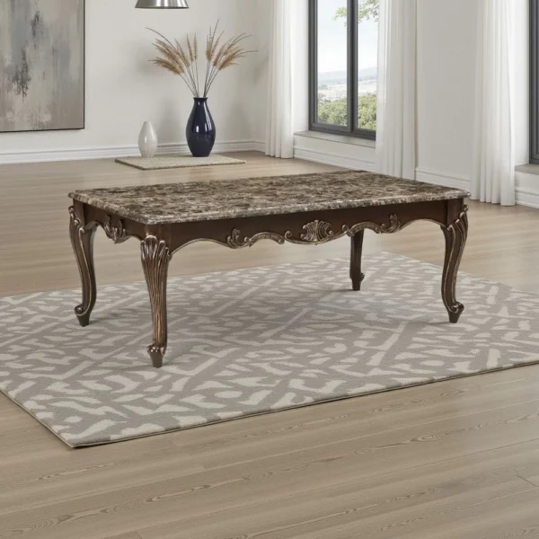 Hesar Coffee Table, 51 Inch Marble Top, Cherry Brown, Cabriole Legs