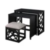 Syna 3 Piece Nesting Desk and Stool Set, Black Wood, Gray Polyester
