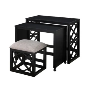 BM335967_0039f282-af3a-48a2-aa6b-11fbf706d289 Syna 3 Piece Nesting Desk and Stool Set, Black Wood, Gray Polyester