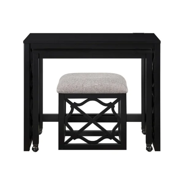 Syna 3 Piece Nesting Desk and Stool Set, Black Wood, Gray Polyester