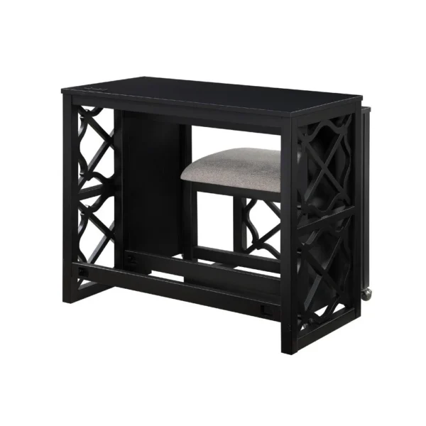 Syna 3 Piece Nesting Desk and Stool Set, Black Wood, Gray Polyester