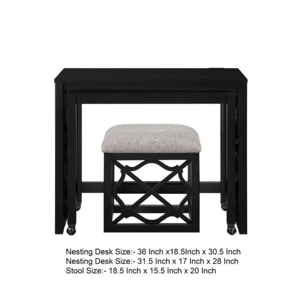 Syna 3 Piece Nesting Desk and Stool Set, Black Wood, Gray Polyester
