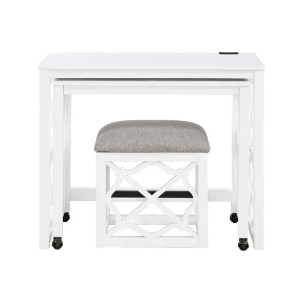 Syna 3 Piece Nesting Desk and Stool Set, White Wood, Gray Polyester