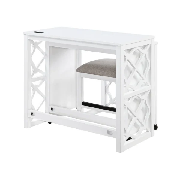 Syna 3 Piece Nesting Desk and Stool Set, White Wood, Gray Polyester
