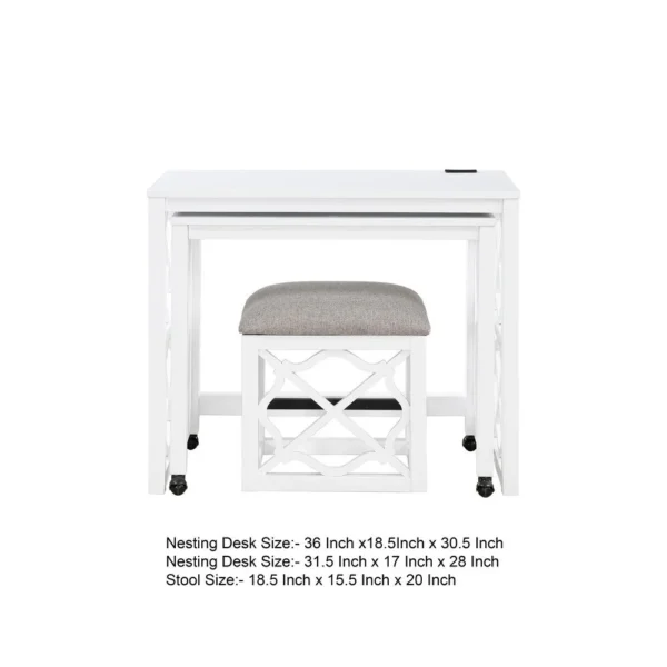 Syna 3 Piece Nesting Desk and Stool Set, White Wood, Gray Polyester