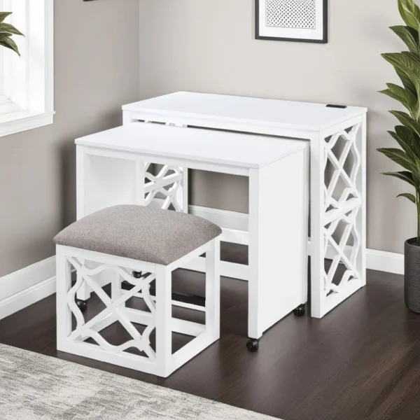 Syna 3 Piece Nesting Desk and Stool Set, White Wood, Gray Polyester