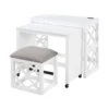 Syna 3 Piece Nesting Desk and Stool Set, White Wood, Gray Polyester