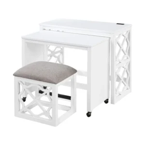 BM335968_ab5973fc-c68a-4243-b25a-c184475d37ac Syna 3 Piece Nesting Desk and Stool Set, White Wood, Gray Polyester