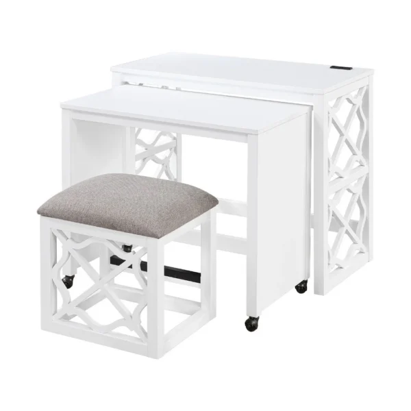 Syna 3 Piece Nesting Desk and Stool Set, White Wood, Gray Polyester