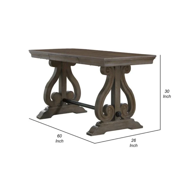 Luon Writing Desk, Traditional Classy Dark Oak Brown Veneer, 60 Inch