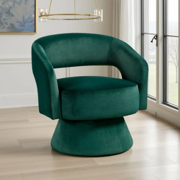 Lessa Swivel Accent Chair, Emrald Green, Round Base, Soft Foam Cushion