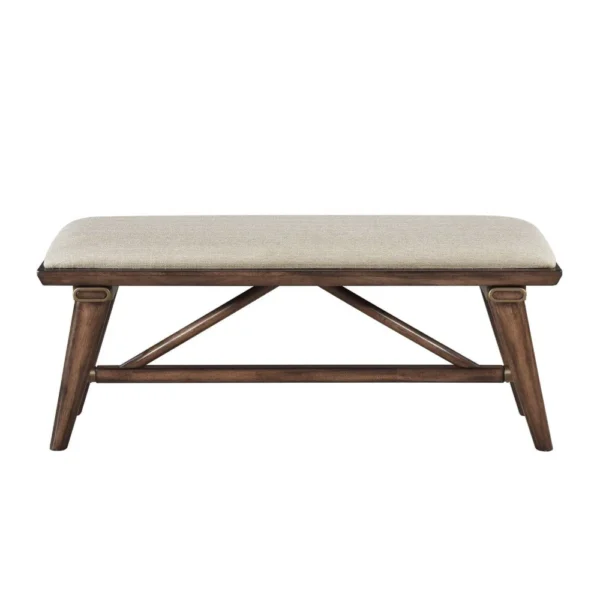 Manny Bench with Brown Angled Legs, Cream Textured Polyester, 47 Inch