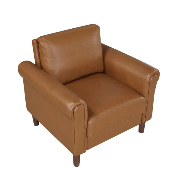 Lo Accent Armchair w Rolled Arms, Mid Century Brown Faux Leather