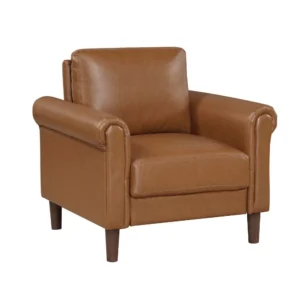 Lo Accent Armchair w Rolled Arms, Mid Century Brown Faux Leather