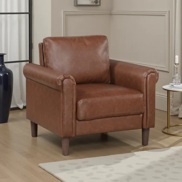 Lo Accent Chair w Rolled Arms, Mid Century Dark Brown Faux Leather