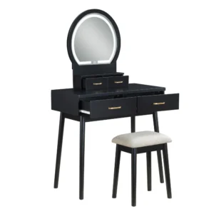 Anvy Vanity Desk Set with Mirror and Stool, 4 Drawers, Black Wood
