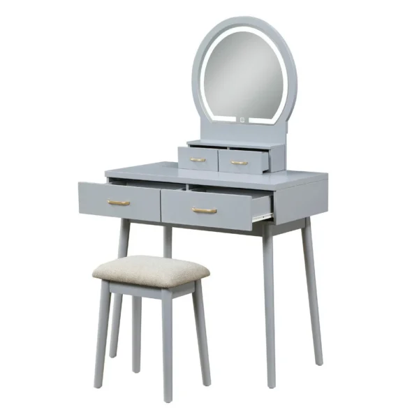 Anvy Vanity Desk Set with Mirror and Stool, 4 Drawers, Gray Wood