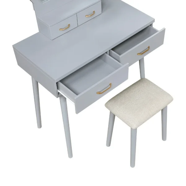 Anvy Vanity Desk Set with Mirror and Stool, 4 Drawers, Gray Wood