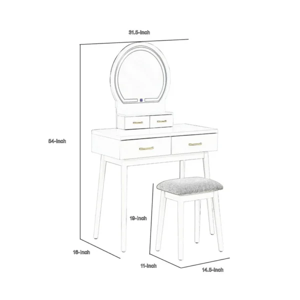 Anvy Vanity Desk Set with Mirror and Stool, 4 Drawers, Gray Wood