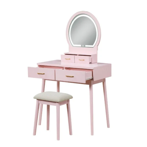 BM336211_2_91dca9fb-6937-4691-bc9e-c7c957c4f73d Anvy Vanity Desk Set with Mirror and Stool, 4 Drawers, Pink Wood