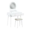 Anvy Vanity Desk Set with Mirror and Stool, 4 Drawers, White Wood